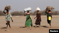 FILE - Women carry firewood on their heads outside the Kakuma refugee camp in Turkana county, northwest of Nairobi, Kenya, Feb. 1, 2018. 