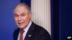 EPA Administrator Scott Pruitt, seen in this June 2, 2017 photo, looks back after speaking to the media during the daily briefing in the Brady Press Briefing Room of the White House in Washington. Records show Pruitt spent weekends in his home state during his first three months in office, frequently flying to and from Oklahoma at taxpayer’s expense. 