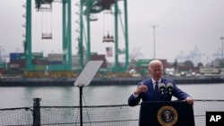 President Joe Biden speaks about inflation and supply chain issues at the Port of Los Angeles, June 10, 2022, in Los Angeles.