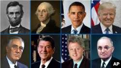 (Desde arriba a la izquierda) Abraham Lincoln, George Washington, Barack Obama, Donald Trump, Franklin Roosevelt, Ronald Reagan, Bill Clinton y Harry Truman.