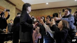 FILE - North Korea Deputy Foreign Minister Choe Son Hui talks during a press conference Feb. 28, 2019, at Melia Hotel in Hanoi, Vietnam.