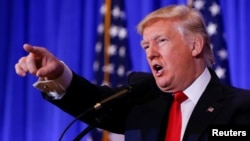 U.S. President-elect Donald Trump speaks during a press conference in Trump Tower, Manhattan, New York, Jan. 11, 2017.