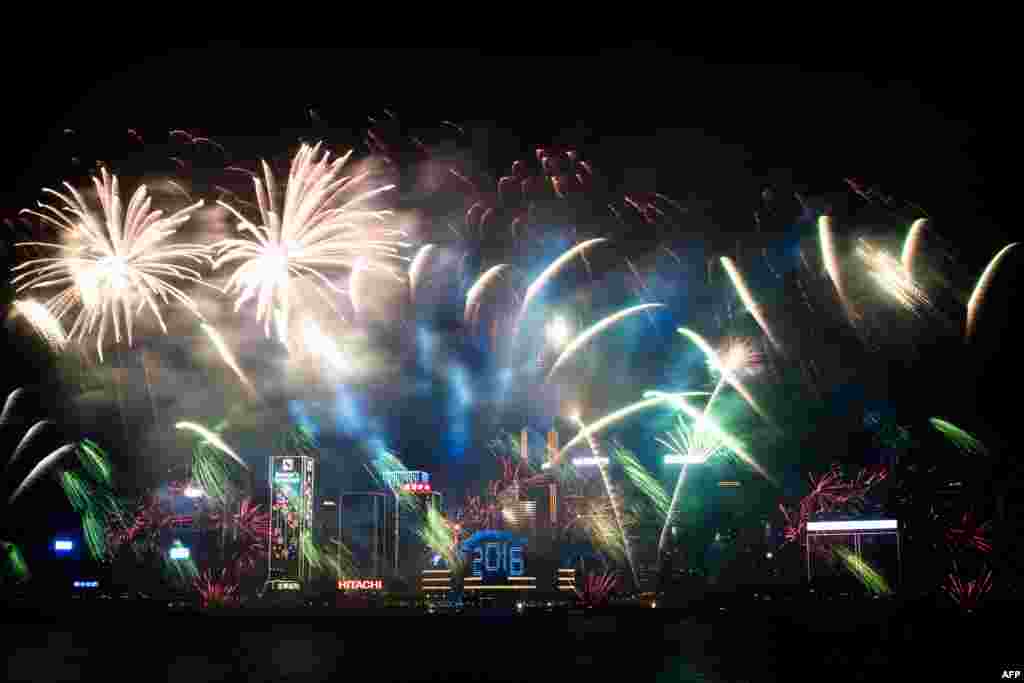 Fireworks are seen over the city's skyline in Hong Kong, Jan. 1, 2016, as part of the 2016 New Year's celebrations.