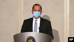 U.S. Health and Human Services Secretary Alex Azar speaks during a meeting with Taiwanese Foreign Minister Joseph Wu in Taipei, Taiwan, Aug. 11, 2020.
