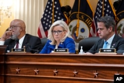 From left, Chairman Bennie Thompson, D-Miss., Vice Chair Liz Cheney, R-Wyo., and Rep. Adam Kinzinger, R-Ill., listen as Arizona House Speaker Rusty Bowers testifies on June 21, 2022.