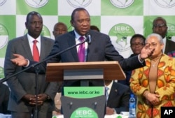 Uhuru Kenyatta addresses the crowd after the announcement in the presidential race at the Centre in Bomas, Nairobi, Kenya, Aug.11, 2017.