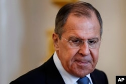 Russian Foreign Minister Lavrov attends talks with his Dutch Foreign Minister Halbe Zijlstra during their meeting in Moscow, Russia, April 13, 2018.