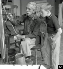 Norman Rockwell in his studio with model Hank Bergmans, about 1970.