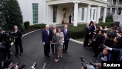From left, House Majority Leader Steny Hoyer, Senate Minority Leader Chuck Schumer, Speaker of the House Nancy Pelosi (D-CA) and Senator Dick Durbin speak after meeting on the 19th day of a partial government shutdown with President Donald Trump at the White House.