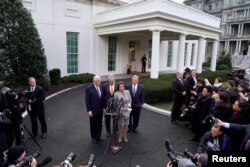 From left, House Majority Leader Steny Hoyer, Senate Minority Leader Chuck Schumer, Speaker of the House Nancy Pelosi (D-CA) and Senator Dick Durbin speak after meeting on the 19th day of a partial government shutdown with President Donald Trump at the White House, Jan. 9, 2019.