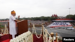 Indian Prime Minister Narendra Modi addresses the nation during Independence Day celebrations at the historic Red Fort in Delhi, Aug. 15, 2019.