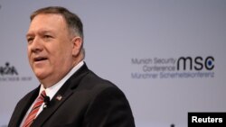 U.S. Secretary of State Mike Pompeo addresses the audience during the 56th Munich Security Conference in Munich, Feb. 15, 2020.