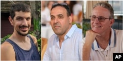 This combination of undated photos provided by Hostages Family Forum show Or Levy, Eli Sharabi and Ohad Ben Ami, all of whom were abducted and taken to Gaza on Oct. 7, 2023.
