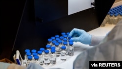FILE - A lab technician inspects vials with the investigational coronavirus disease treatment drug remdesivir at a Gilead Sciences facility in La Verne, California, March 11, 2020.