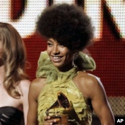Esperanza Spalding accepts the award for best new artist at the 53rd annual Grammy Awards, February 13, 2011