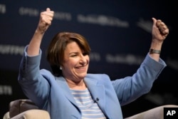 FILE - Democratic presidential candidate Sen. Amy Klobuchar, D-Minn., speaks at the Heartland Forum on the campus of Buena Vista University in Storm Lake, Iowa, March 30, 2019.