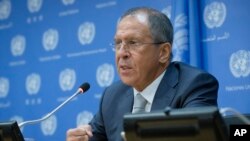 Russia's foreign minister Sergey Lavrov speaks at a news conference during the 69th United Nations General Assembly at U.N. headquarters, Sept. 26, 2014.