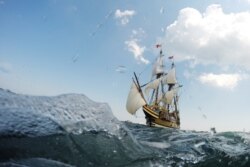 The newly renovated Mayflower II, a replica of the original ship that sailed from England in 1620, sails back to its berth in Plymouth, Massachusetts, Aug. 10, 2020.