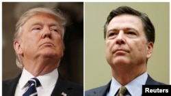 FILE: A combination photo shows President Donald Trump, left, in Washington, Feb. 28, 2017, and former FBI Director James Comey in Washington, July 7, 2016. 