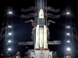 This July 2019, photo released by the Indian Space Research Organization (ISRO) shows its Geosynchronous Satellite Launch Vehicle (GSLV) MkIII-M1 at its launch pad in Sriharikota, an island off India's south-eastern coast.