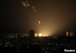 An explosion of a drone is seen during a Russian drone strike, amid Russia's attack on Ukraine, in Kyiv, Ukraine May 8, 2023.