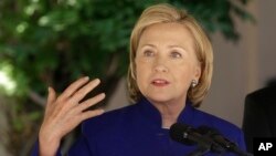 FILE - Former U.S. Secretary of State Hillary Clinton speaks at Children's Hospital Oakland Research Institute (CHORI) in Oakland, California, July 23, 2014.