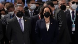 U.S. Vice President Kamala Harris, right, attends the inauguration of Honduras' first female President Xiomara Castro at the National stadium in Tegucigalpa, Honduras, Jan. 27, 2022.