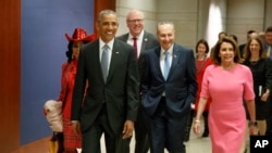 President Barack Obama arrives on Capitol Hill in Washington, Jan. 4, 2017, to meet with members of Congress to discuss his signature healthcare law. 