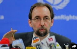 FILE - United Nations High Commissioner for Human Rights Zeid Ra’ad al-Hussein addresses the media in Colombo, Sri Lanka, Feb. 9, 2016.