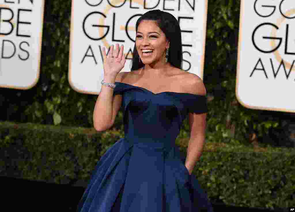 Gina Rodriguez arrives at the 73rd annual Golden Globe Awards on Jan. 10, 2016, at the Beverly Hilton Hotel in Beverly Hills, Calif. 