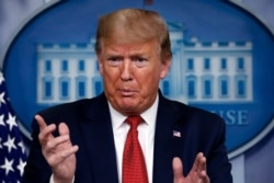 FILE - President Donald Trump speaks about the coronavirus in the James Brady Press Briefing Room of the White House, April 16, 2020, in Washington.