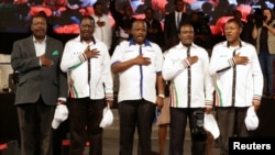 Kenyan opposition leaders (L-R), Musalia Mudavadi, Raila Odinga, Isaac Ruto, Kalonzo Musyoka, and Moses Wetangula sing the national anthem as they announce their National Super Alliance (NASA) coalition for the 2017 general elections in Nairobi, April 20, 2017.