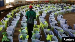 Ballot boxes and election materials are seen at a tallying center in Kisumu, Kenya, Oct. 27, 2017.