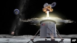 This illustration provided by NASA on Friday, Aug. 16, 2019, shows a proposed design for an Artemis program ascent vehicle leaving the surface of the moon, separating from a descent vehicle. (NASA via AP)