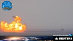 SpaceX Starship SN10 explodes after liftoff at South Padre Island, Texas, March 3, 2021, in this still image taken from a social media video. (SPADRE.COM – TWITTER @SPACEPADREISLE)