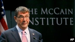 U.S. Secretary of Defense Ashton Carter prepares to speak about the so-called "Asia Pivot" by the U.S., at the McCain Institute at Arizona State University, April 6, 2015, in Tempe, Arizona.