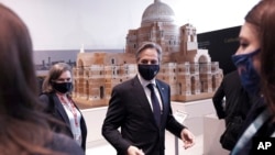 U.S. Secretary of State Antony Blinken arrives for a meeting with Japan's Foreign Minister Yoshimasa Hayashi in Liverpool, England, Dec. 11, 2021. 