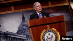 FILE - U.S. Senate Majority Leader Mitch McConnell, R-KY, speaks with the media at the U.S. Capitol.