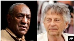 In this combination photo, Bill Cosby, left, addresses an audience at the University of the District of Columbia in Washington on May 16, 2006, and director Roman Polanski appears at the photo call for the film, "Based On A True Story," at the Cannes film festival in France.