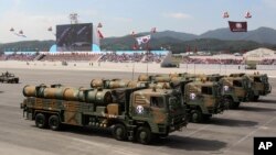South Korean Hyunmu-3 cruise missiles are displayed during a ceremony marking the 65th anniversary of Armed Forces Day, Oct. 1, 2013. 