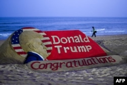 Indian sand artist Sudarsan Pattnaik made this sculpture depicting U.S. President-elect Donald Trump after he won the U.S. presidential election, in Puri, India, on Nov. 6, 2024.