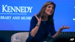 FILE - This June 19, 2019 photo shows Caroline Kennedy during the JFK Space Summit in Boston. John F. Kennedy's daughter Caroline will participate in the christening of a new aircraft carrier that's named after the 35th president.her father.