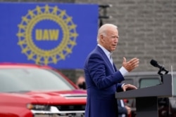 Democratic presidential candidate Joe Biden speaks at a campaign event on manufacturing and buying American-made products at UAW Region 1 headquarters in Warren, Mich., Sept. 9, 2020.