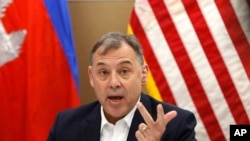 FILE - U.S. Ambassador to Cambodia William Heidt gives a press conference at the U.S. Embassy, in Phnom Penh, Cambodia, Sept. 12, 2017
