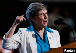 Sister Simone Campbell, of the Nuns on the Bus social justice tour, speaks at the Democratic National Convention in Charlotte, North Carolina, Sept. 5, 2012.