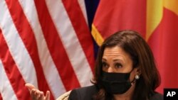 U.S. Vice President Kamala Harris meets with activists who work on LGBT, transgender, disability rights and climate change at the U.S. Chief of Mission's residence in Hanoi, Vietnam, Aug. 26, 2021.