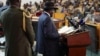 South Sudanese President Salva Kiir delivers a speech to parliament as he begins a new, three-year term in office on July 8, 2015. 