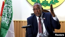 FILE - Muse Bihi Abdi of Somaliland speaks during a news conference in his office in Hargeysa, in northern Somalia's semi-autonomous Somaliland region, Oct. 10, 2018.