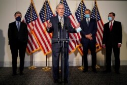 Senate Majority Leader Mitch McConnell (R-KY) speaks to the media after the Republican policy luncheon on Capitol Hill in Washington, Sept. 22, 2020.