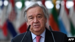 FILE - U.N. Secretary-General Antonio Guterres addresses media representatives in Brussels, June 24, 2021.
